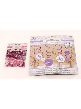 Wedding Decorations Mr & Mrs Decor Set Purple Foil Swirls & Pink Silver Confetti